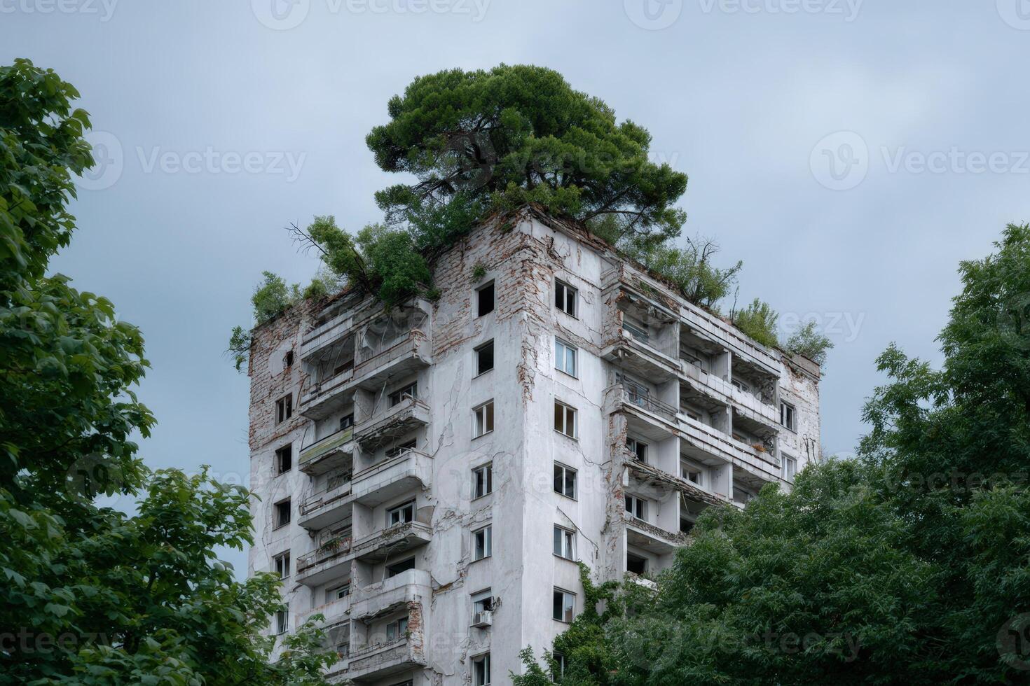 Tall building overtaken by lush greenery and a large tree at the rooftop in an urban area photo