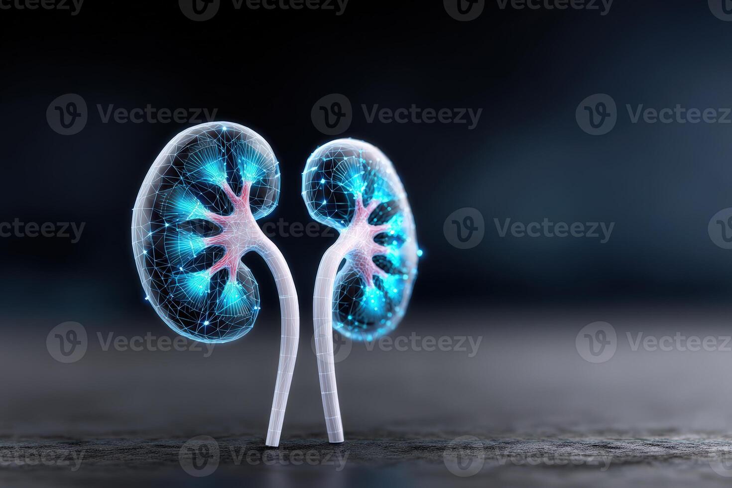 Polygonal wireframe representation of kidneys on a blue background showcasing anatomy and structure photo