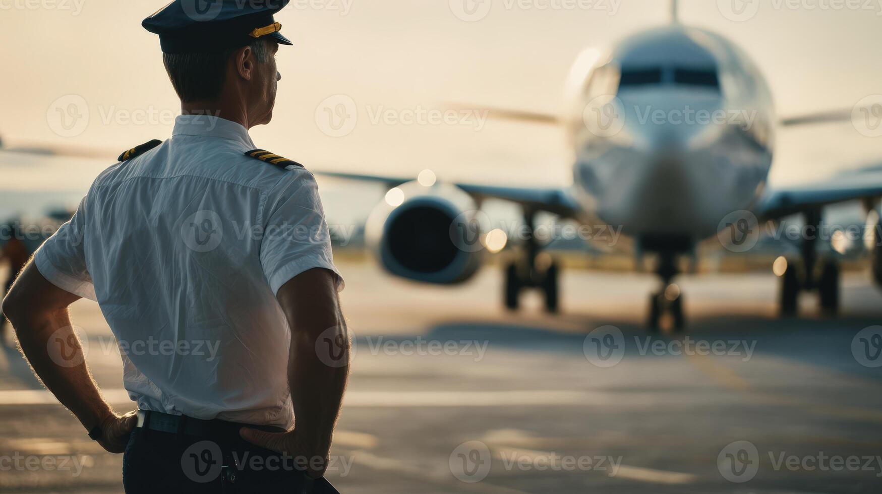 Male pilot inspects airplane on tarmac during golden hour at the airport photo