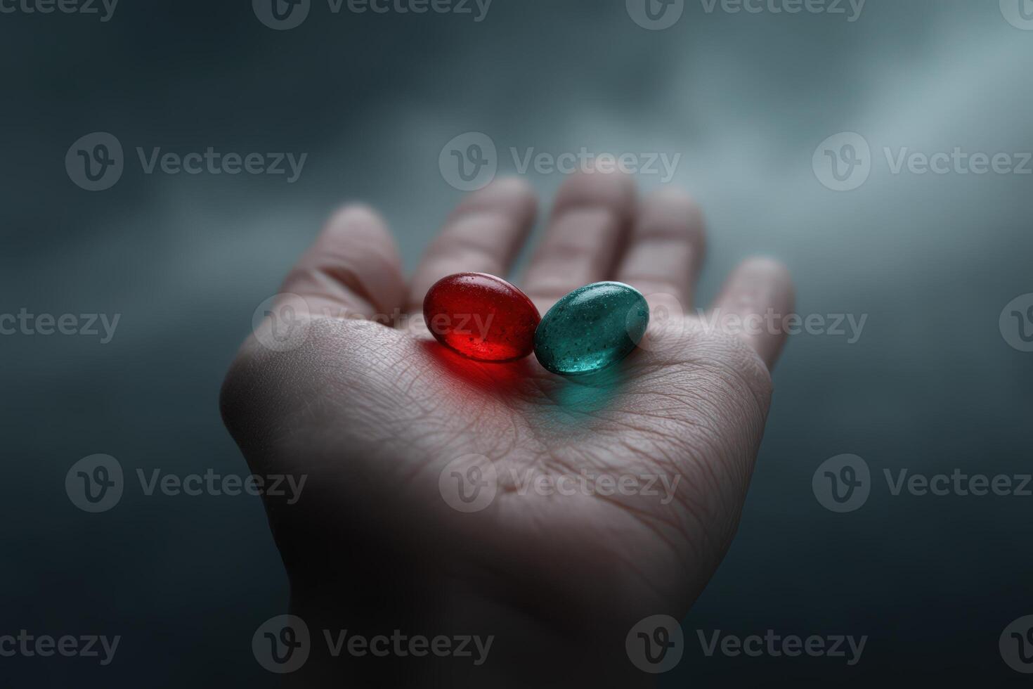 Close-up view of red and green gel capsules held in an open hand against a misty background photo