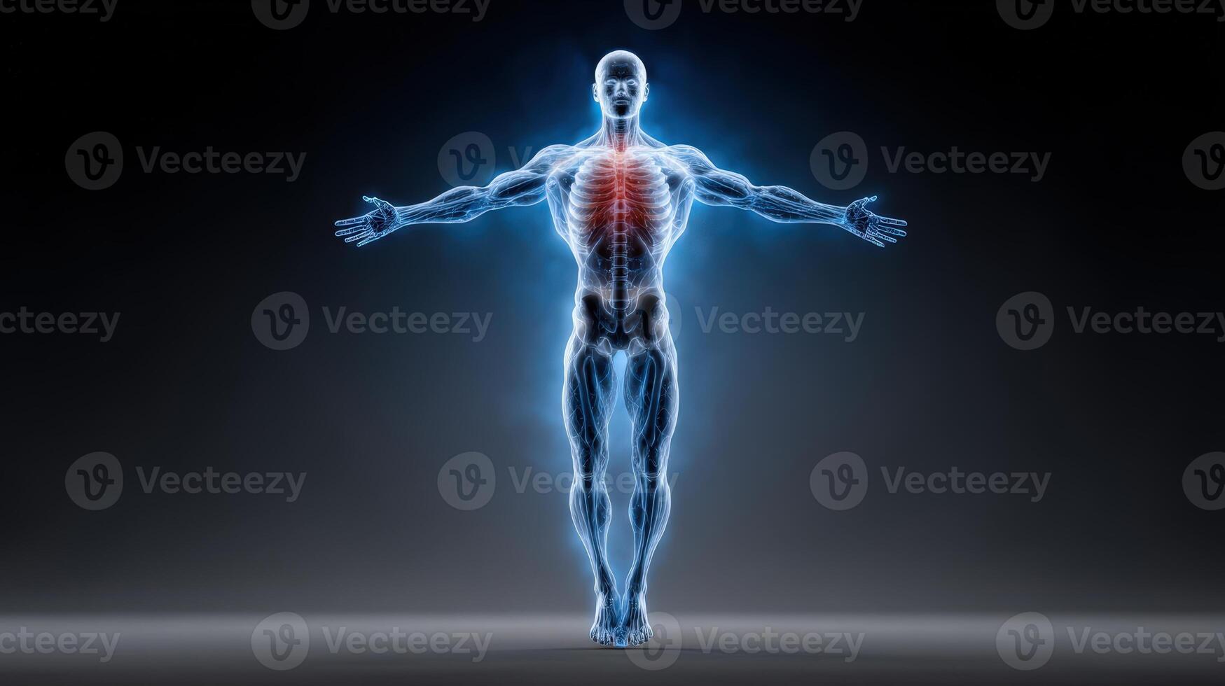 Holographic interface of a man demonstrating technology and human anatomy in a futuristic setting photo