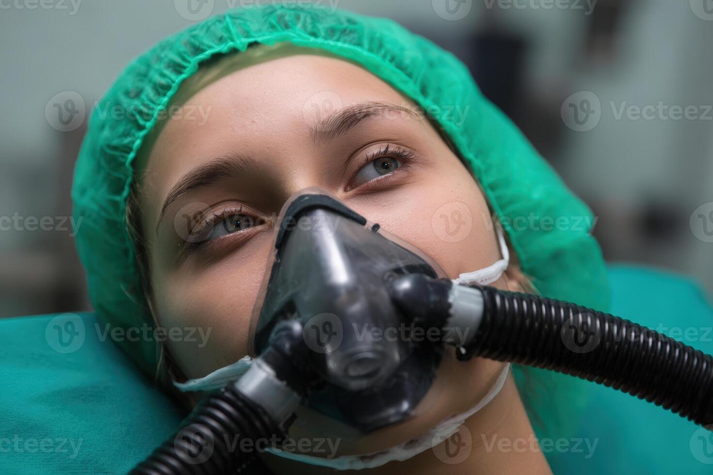 Patient recovering with oxygen mask in medical facility, focus on serenity and care photo