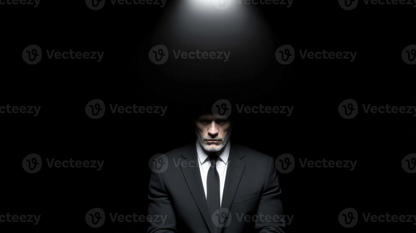 Mysterious figure in a dark room illuminated by a single overhead light source photo