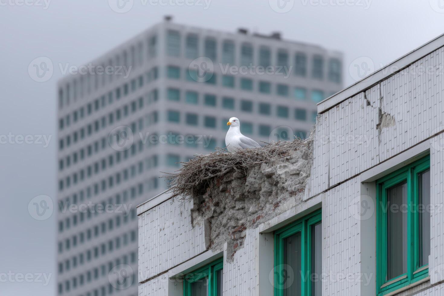 Seagull perched on crumbling building ledge with broken windows nearby photo