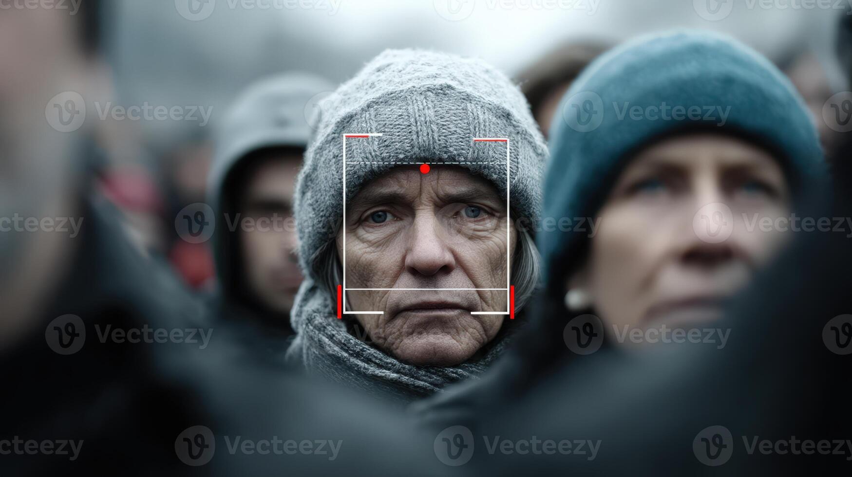 Facial recognition camera feed showing crowd at outdoor event during overcast weather photo