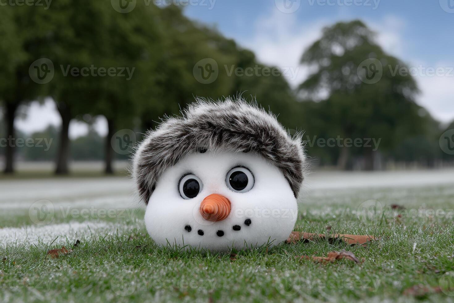 Snowman melting under intense summer sun on a bright afternoon in a park photo