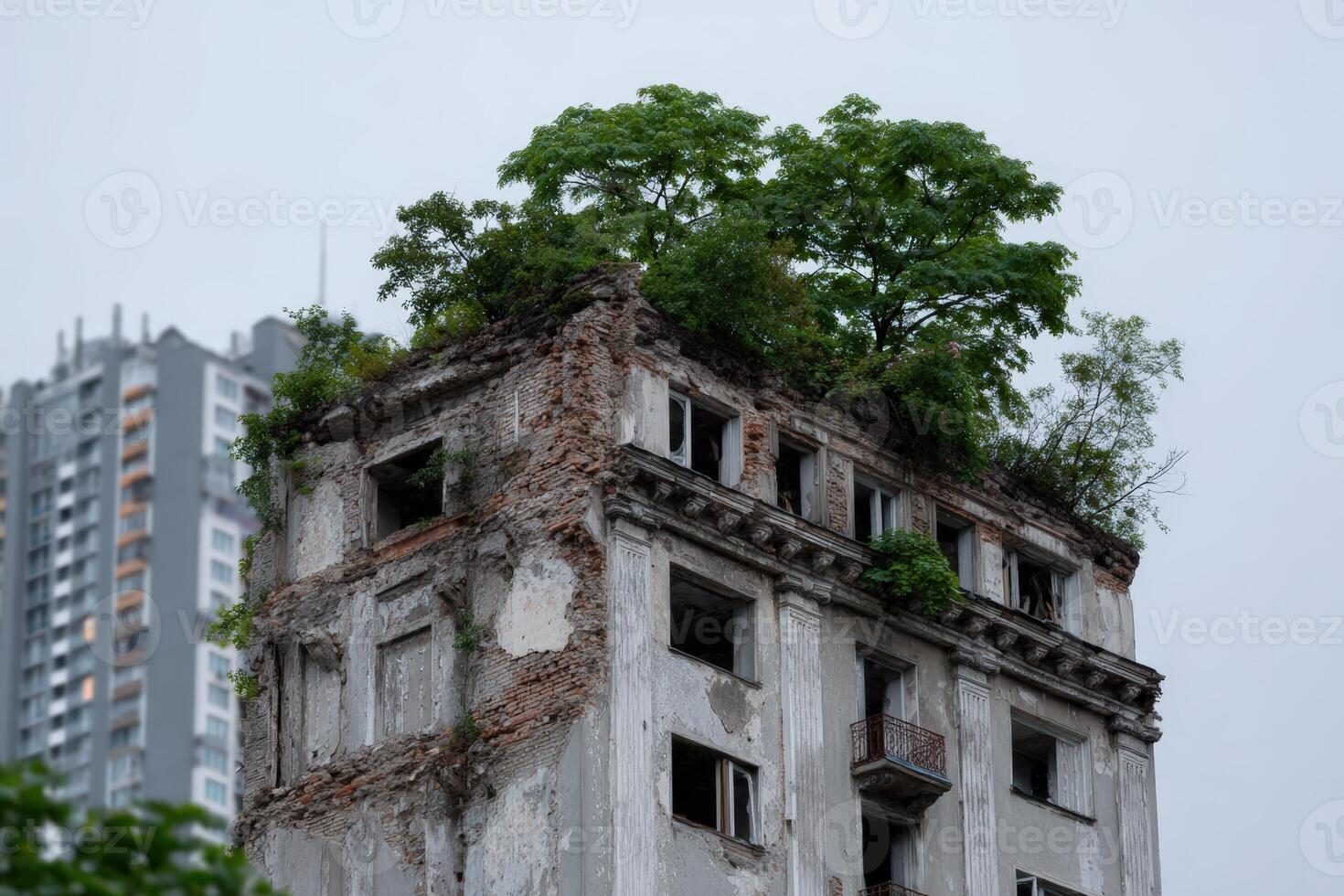 Broken bird cliffs reveal nature reclaiming urban space with greenery atop ruins photo