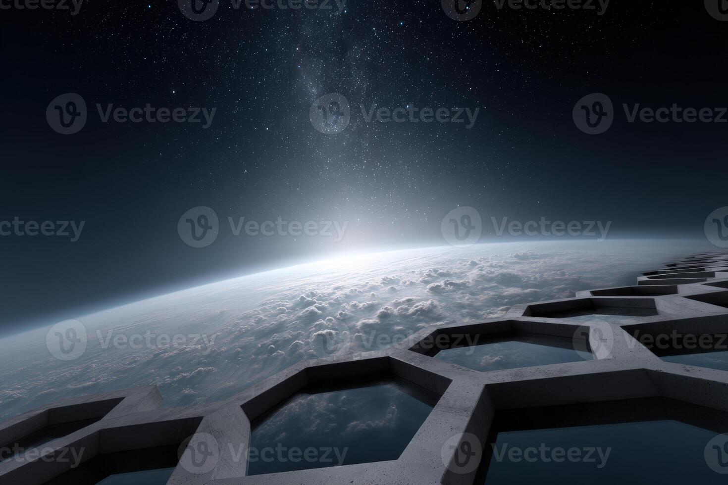 Beehive garden illuminated by refracted stars above a distant horizon photo