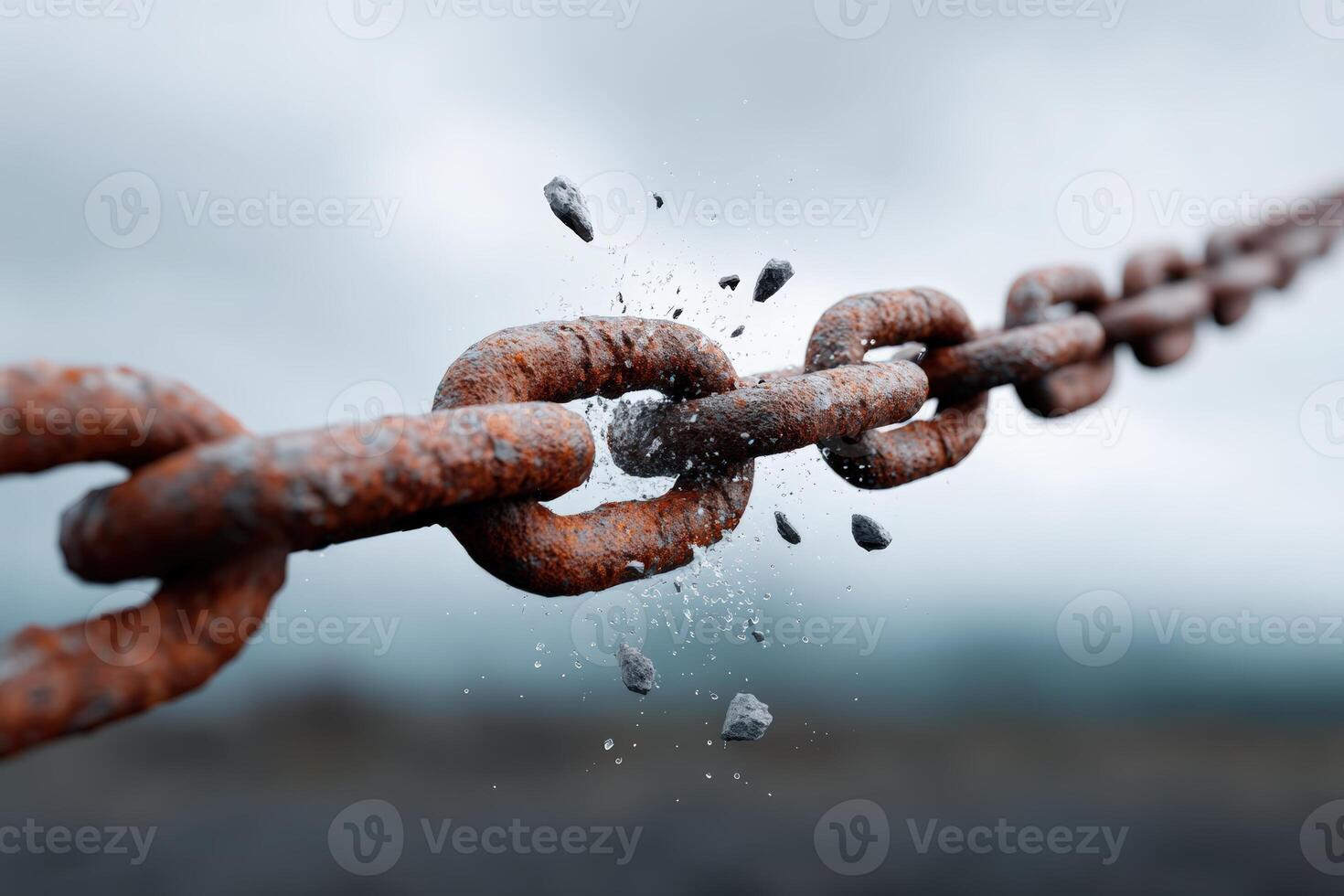 Chains breaking mid-air with sparks and flying debris in ultra-slow motion during a cloudy day photo