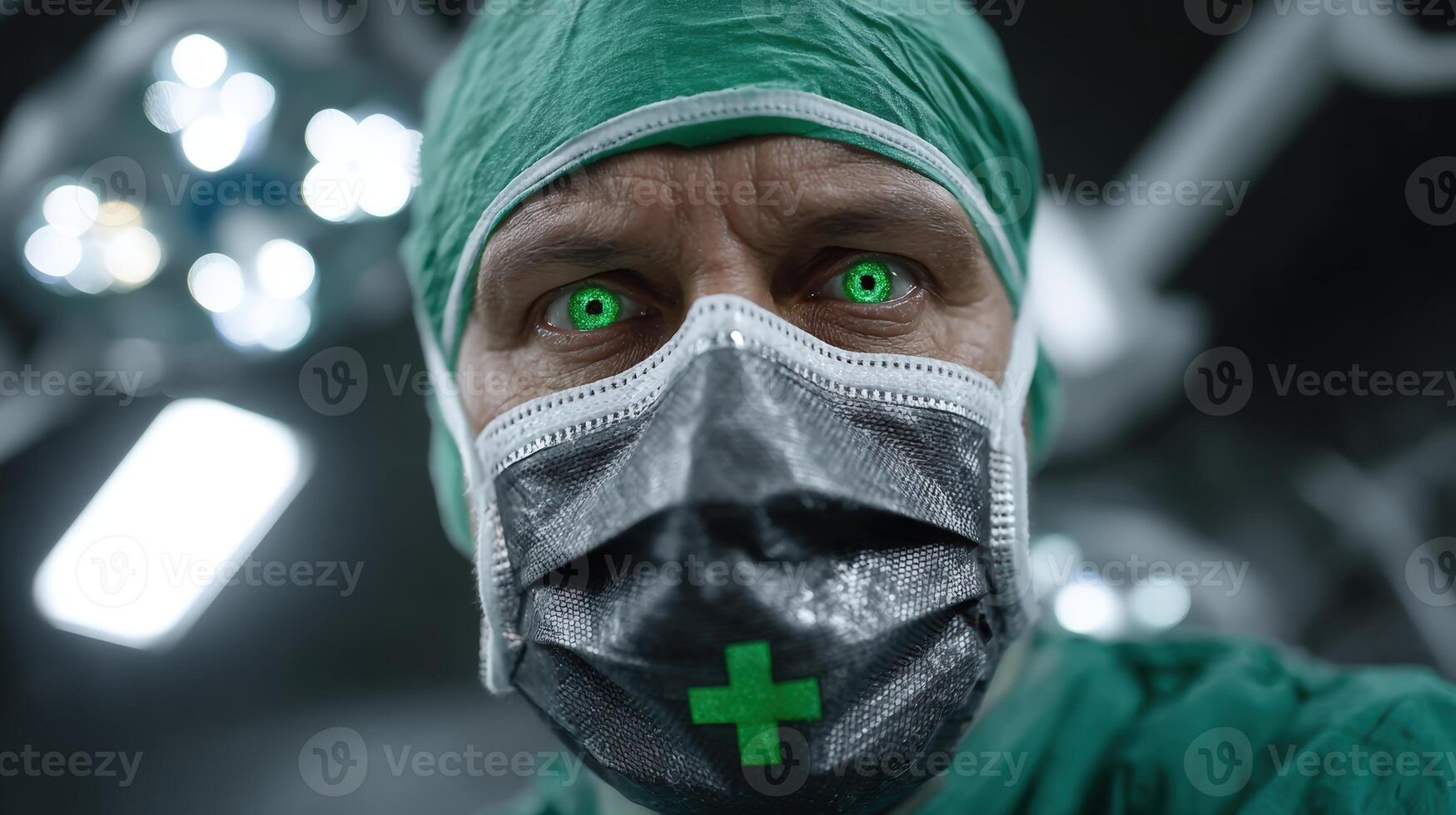 Surgeon with glowing eyes stands beneath bright surgical lights in an operating room photo