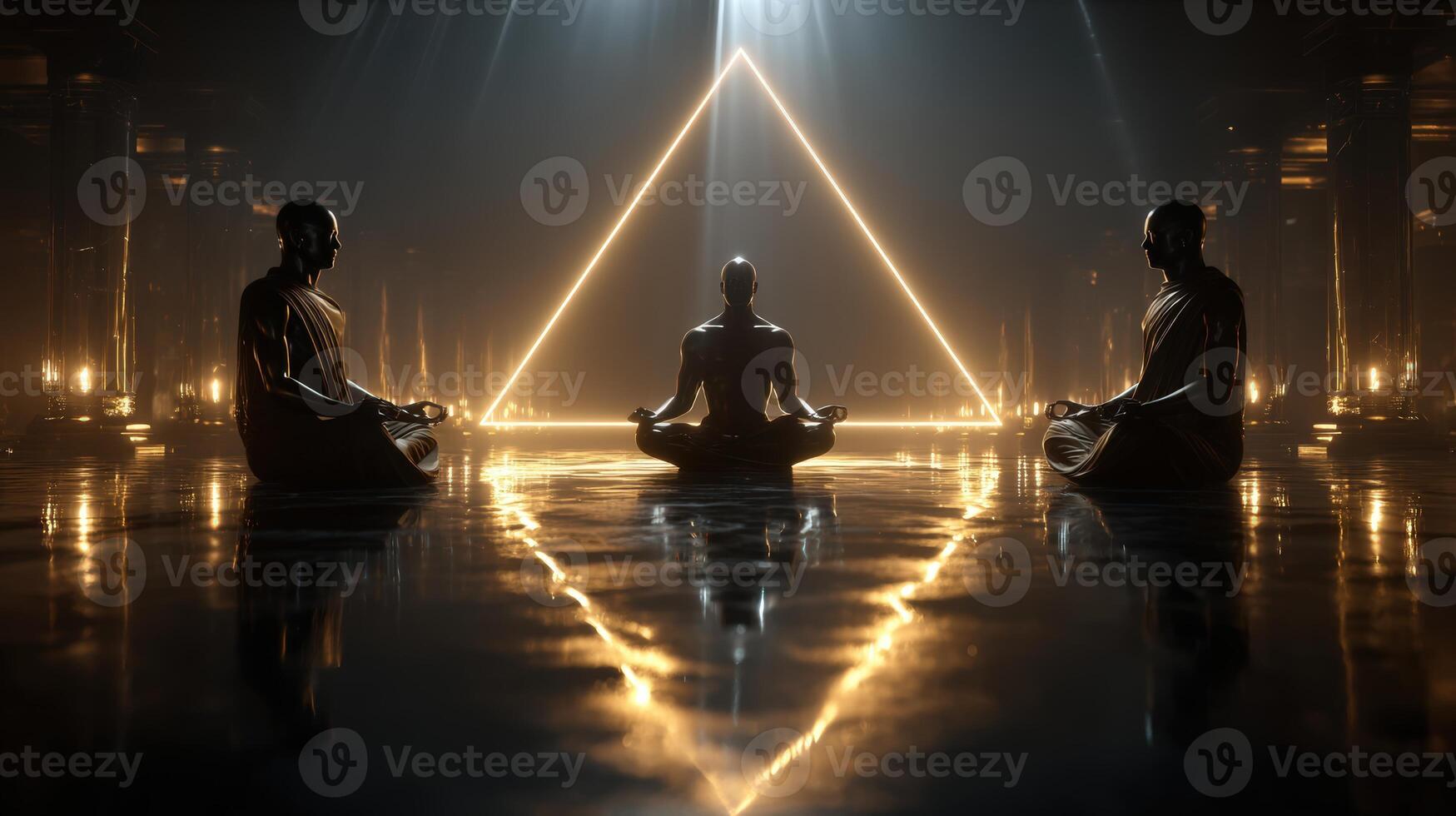 Glowing human silhouettes meditating in a triangular formation with dramatic lighting effects photo