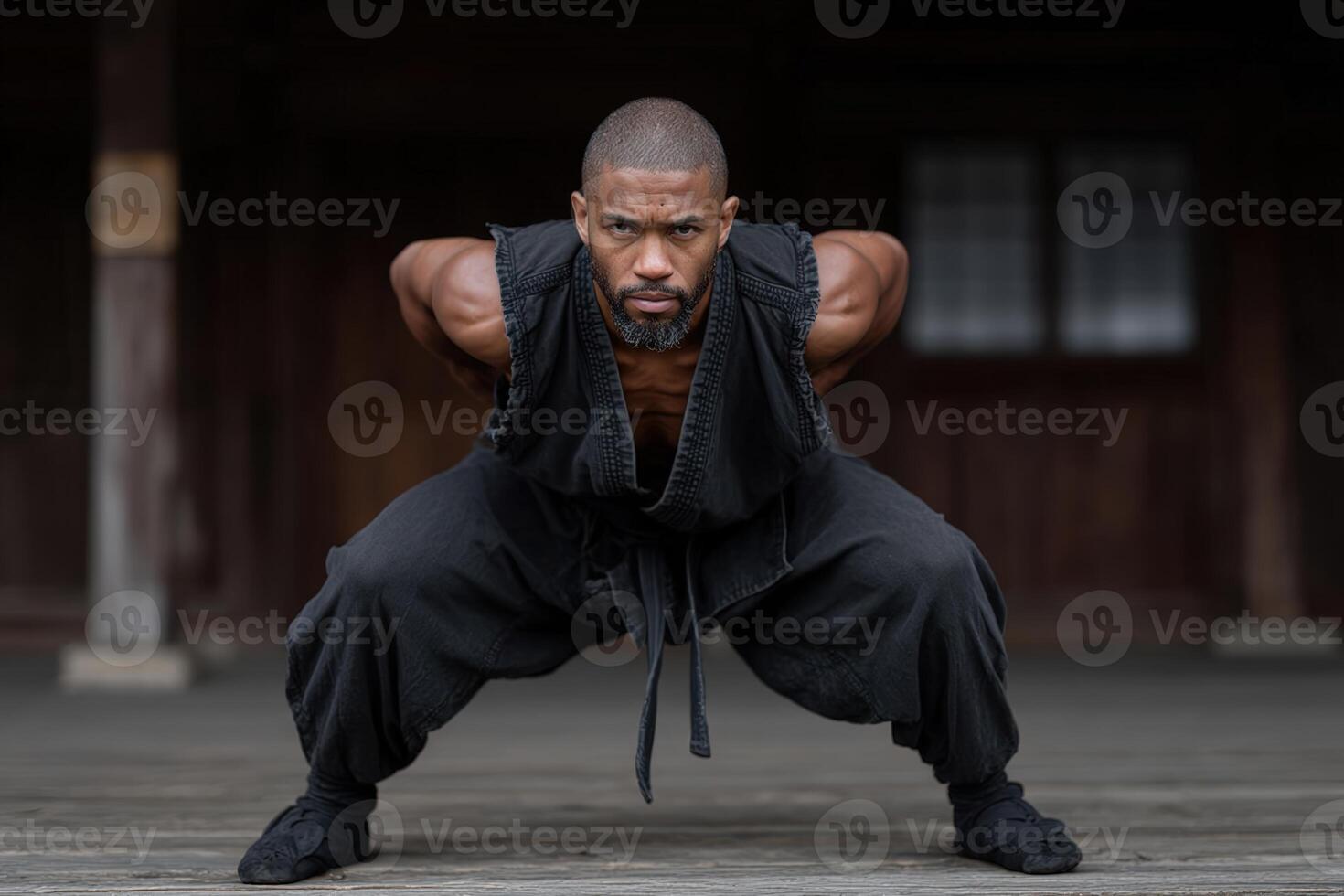 Martial artist performs a deep lunge in a traditional dojo during training session photo