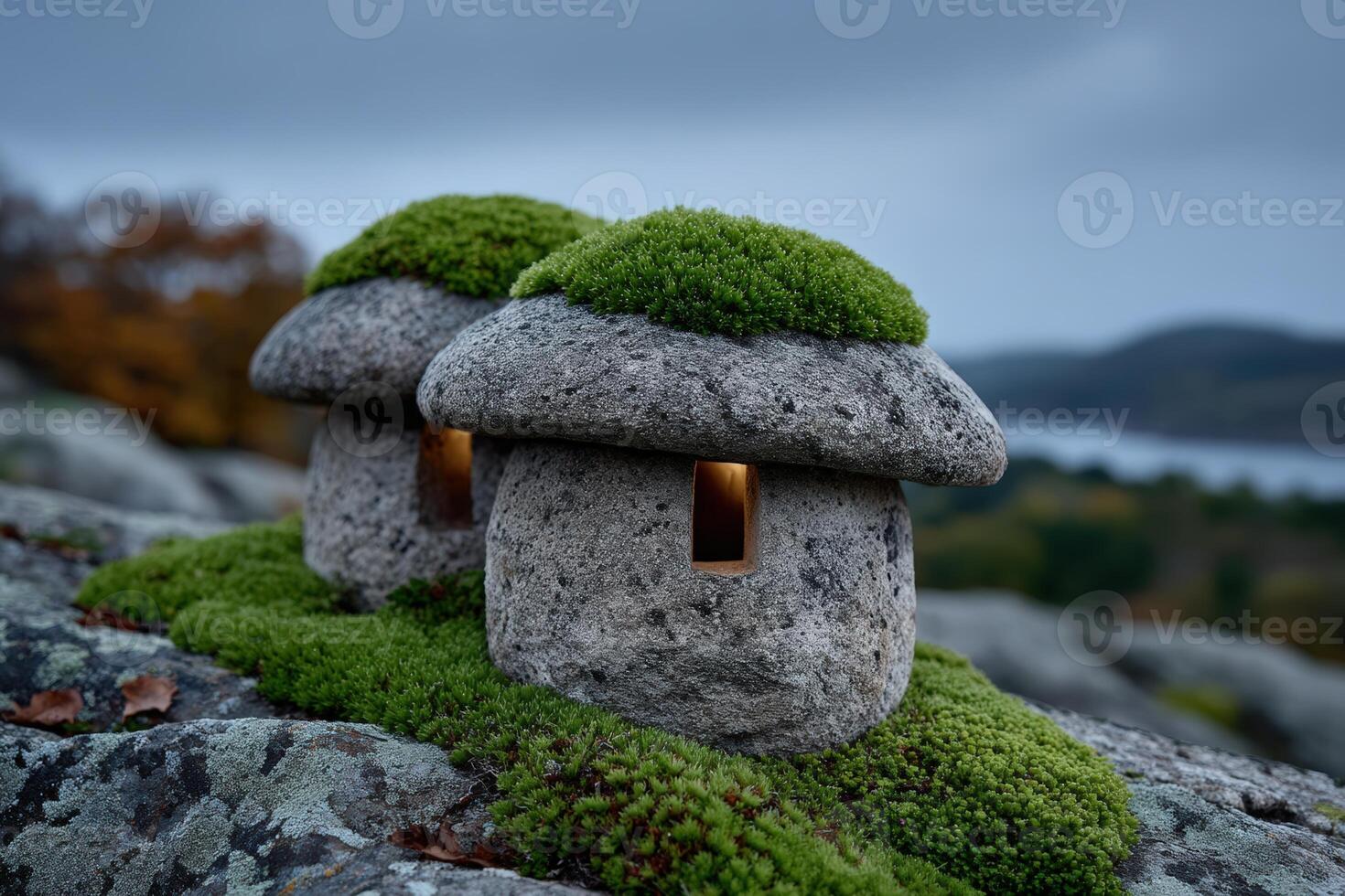 Mushroom-shaped homes blend seamlessly with moss on a rocky landscape during twilight photo