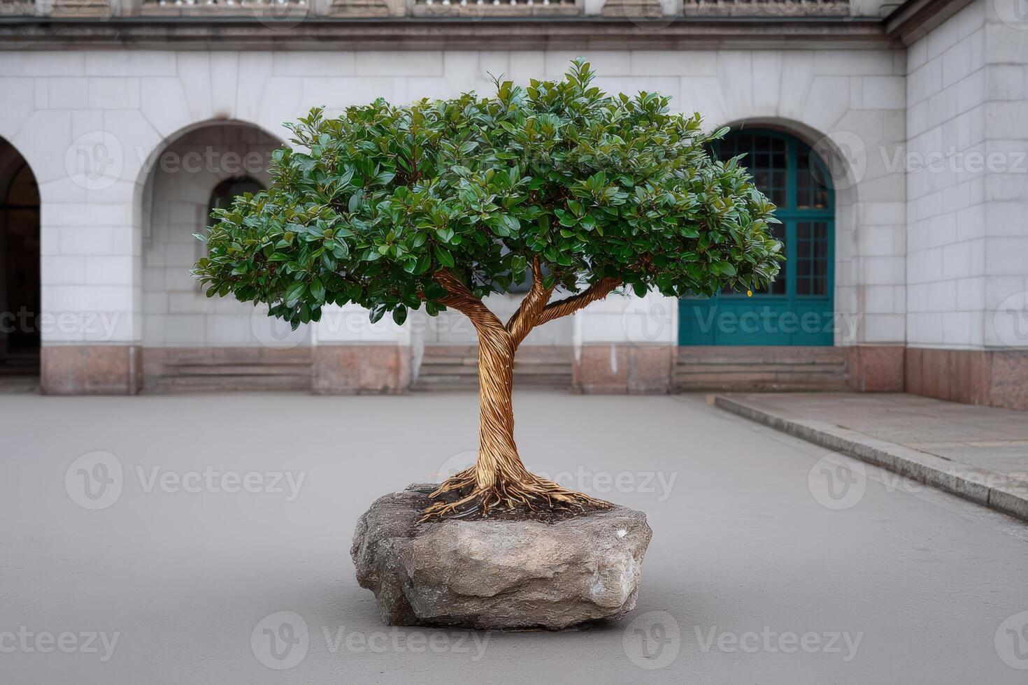 Unique ornamental tree with copper wire bark and lush leaves in urban courtyard setting photo