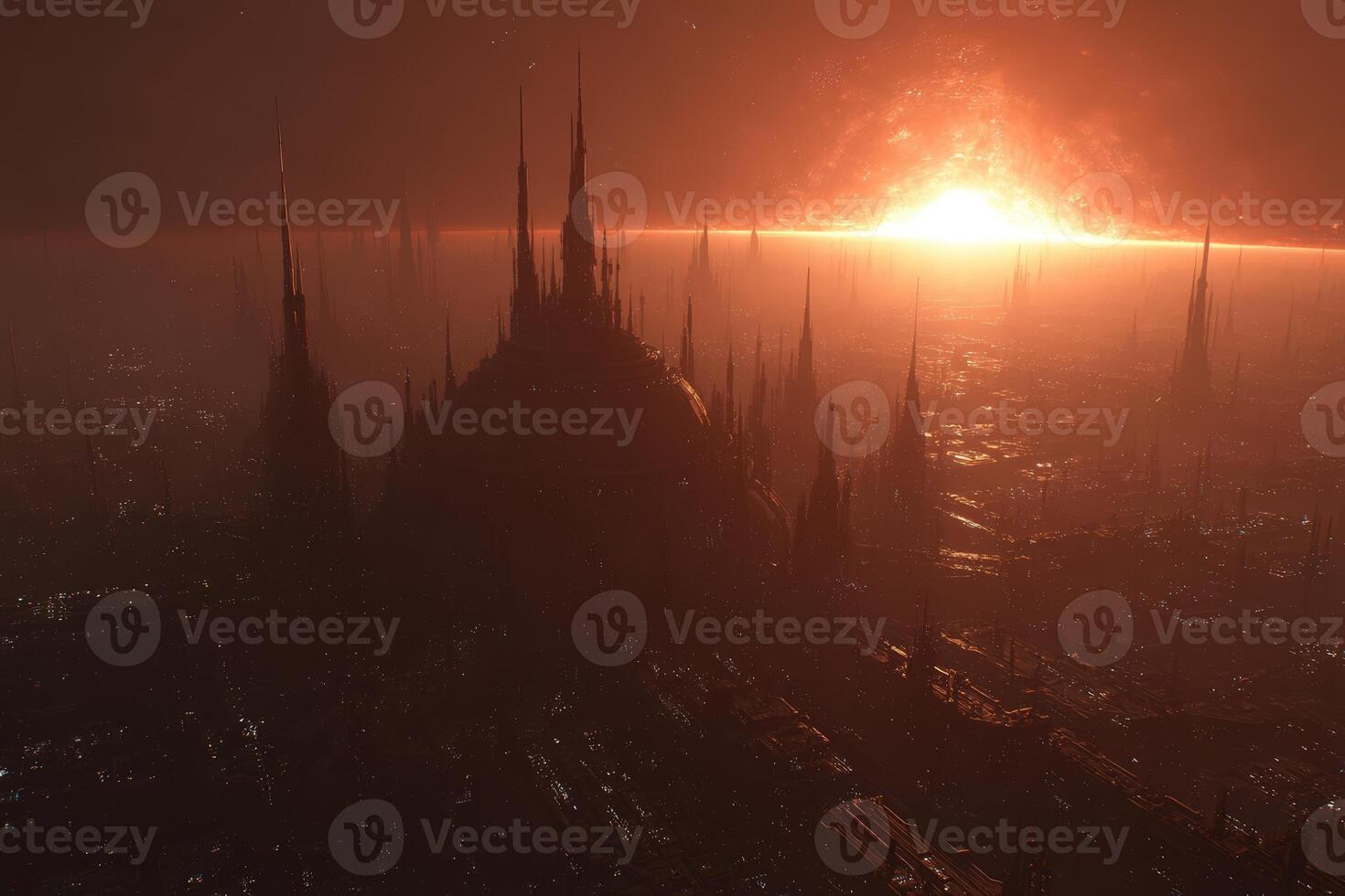 Futuristic megacity illuminated by the rising sun over expansive terrain photo