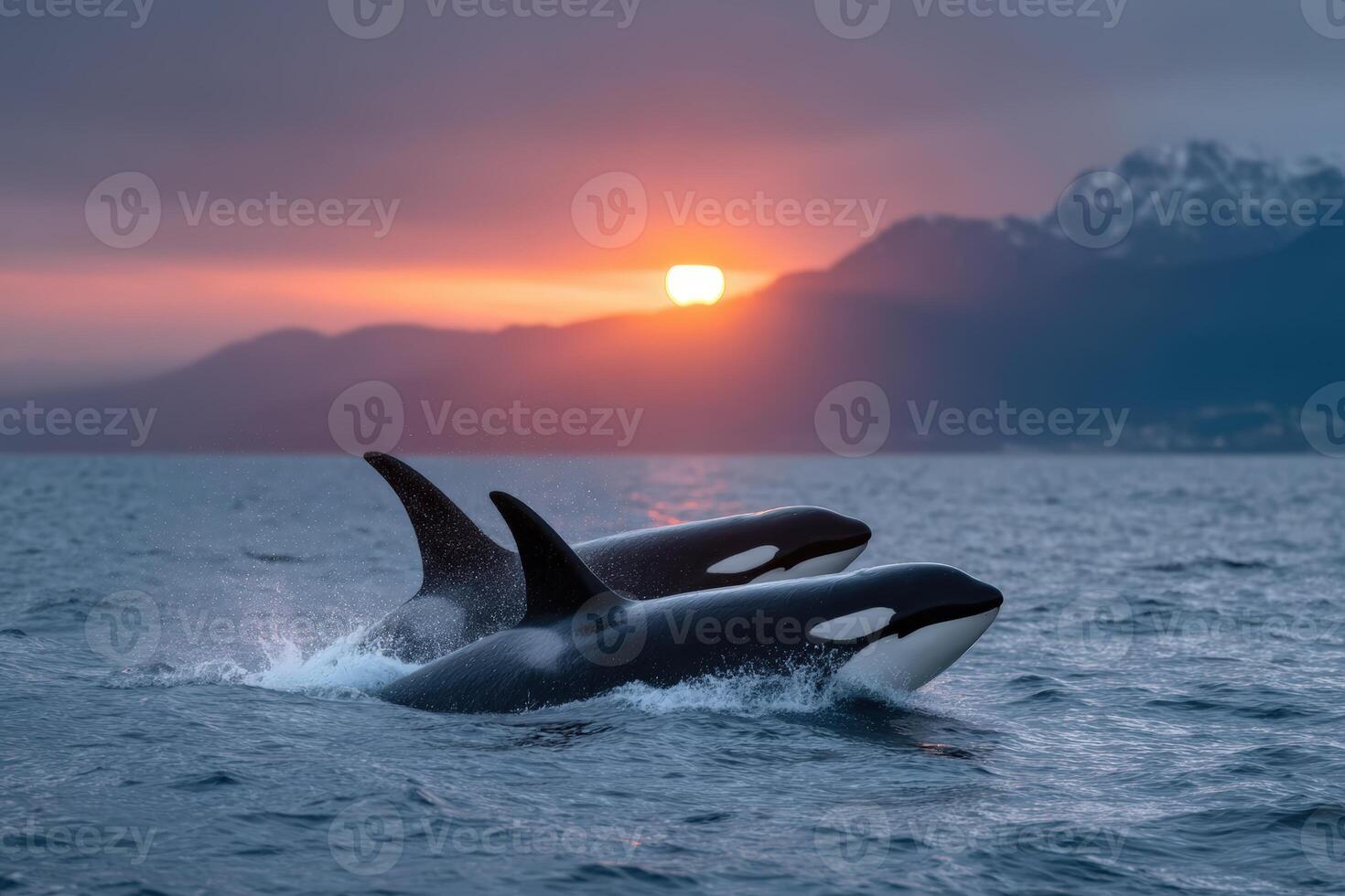 Swimming through clouds above a glowing horizon with two orcas at sunset photo