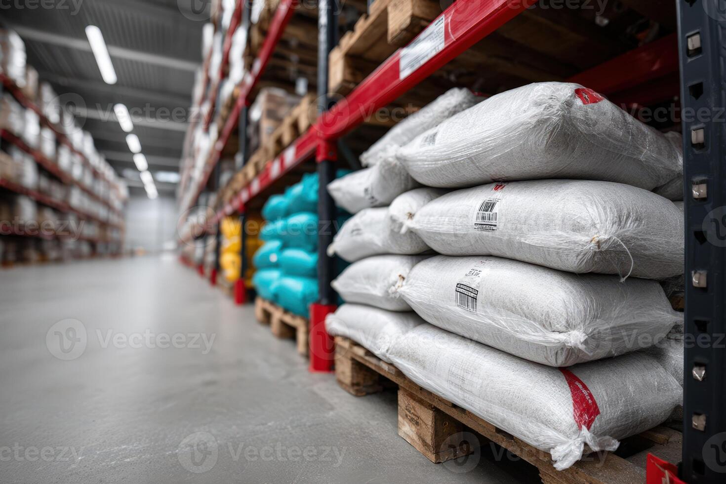 Warehouse filled with products stacked on pallets for storage and distribution purposes photo