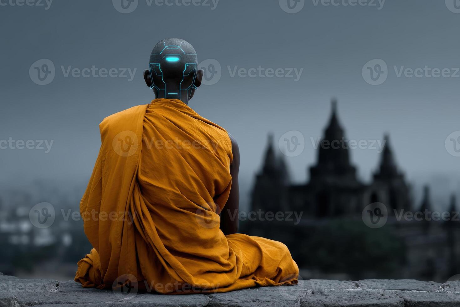Meditating monk interacts with ancient technology amidst a beautiful sunset view photo
