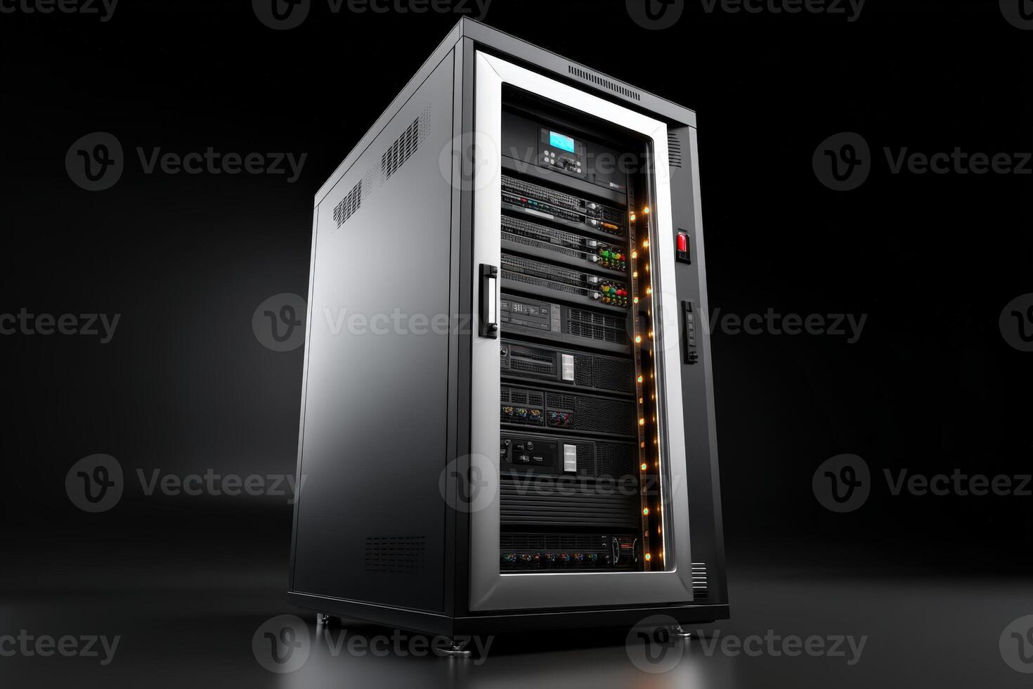 LED illuminated cabinet displays technology with partially open doors showcasing its interior photo