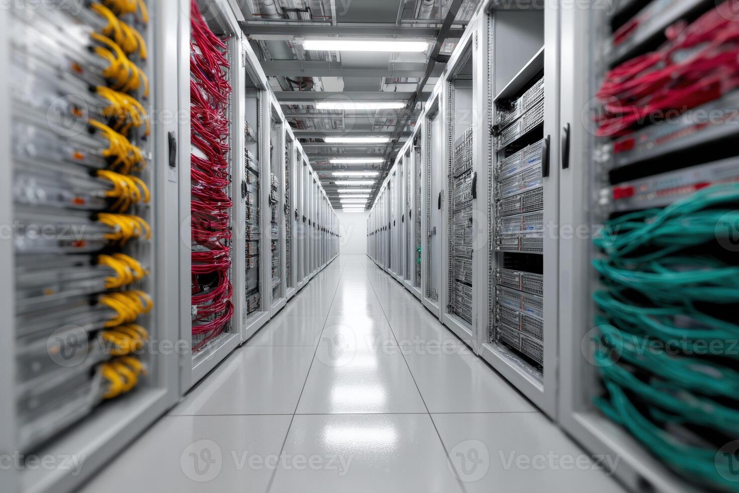 Modern server room with neatly arranged network cabinets and cables in a data center photo