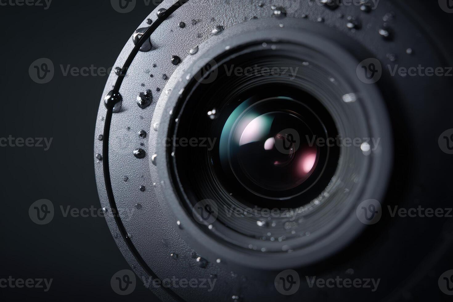 Close-up view of a bullet camera lens with droplets highlighting its sleek design and detail photo