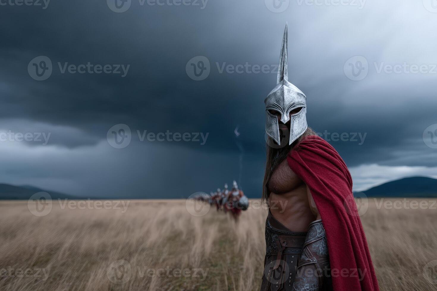 Spartan king leads a fierce charge across vast open fields under stormy skies photo