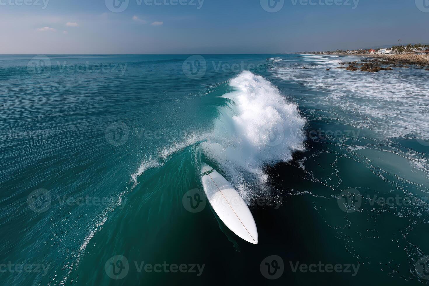 Surfer skillfully navigating a powerful wave in bright daylight near the shore photo