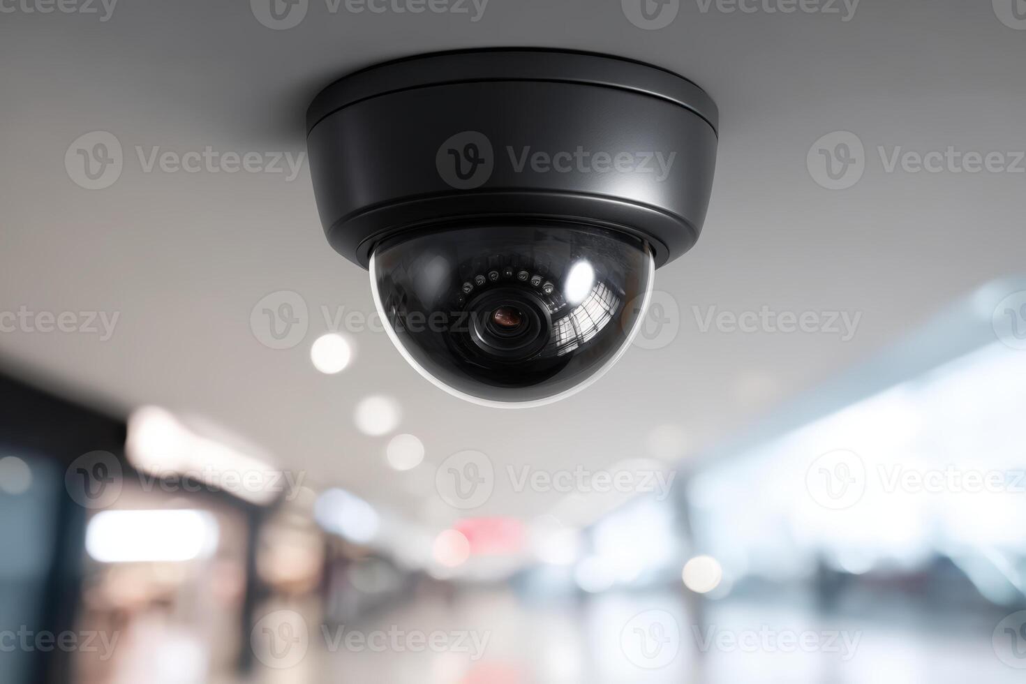 Reflections of hallway lights in a security camera at a modern building photo