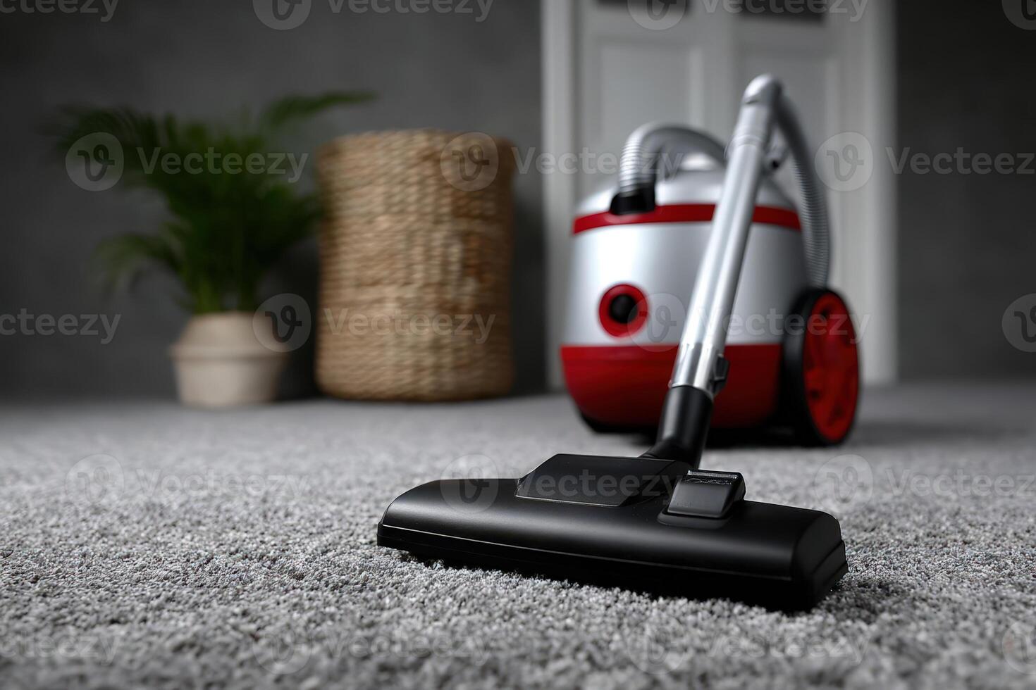 Vacuum cleaner poised on soft carpet near stylish decorative plant basket photo