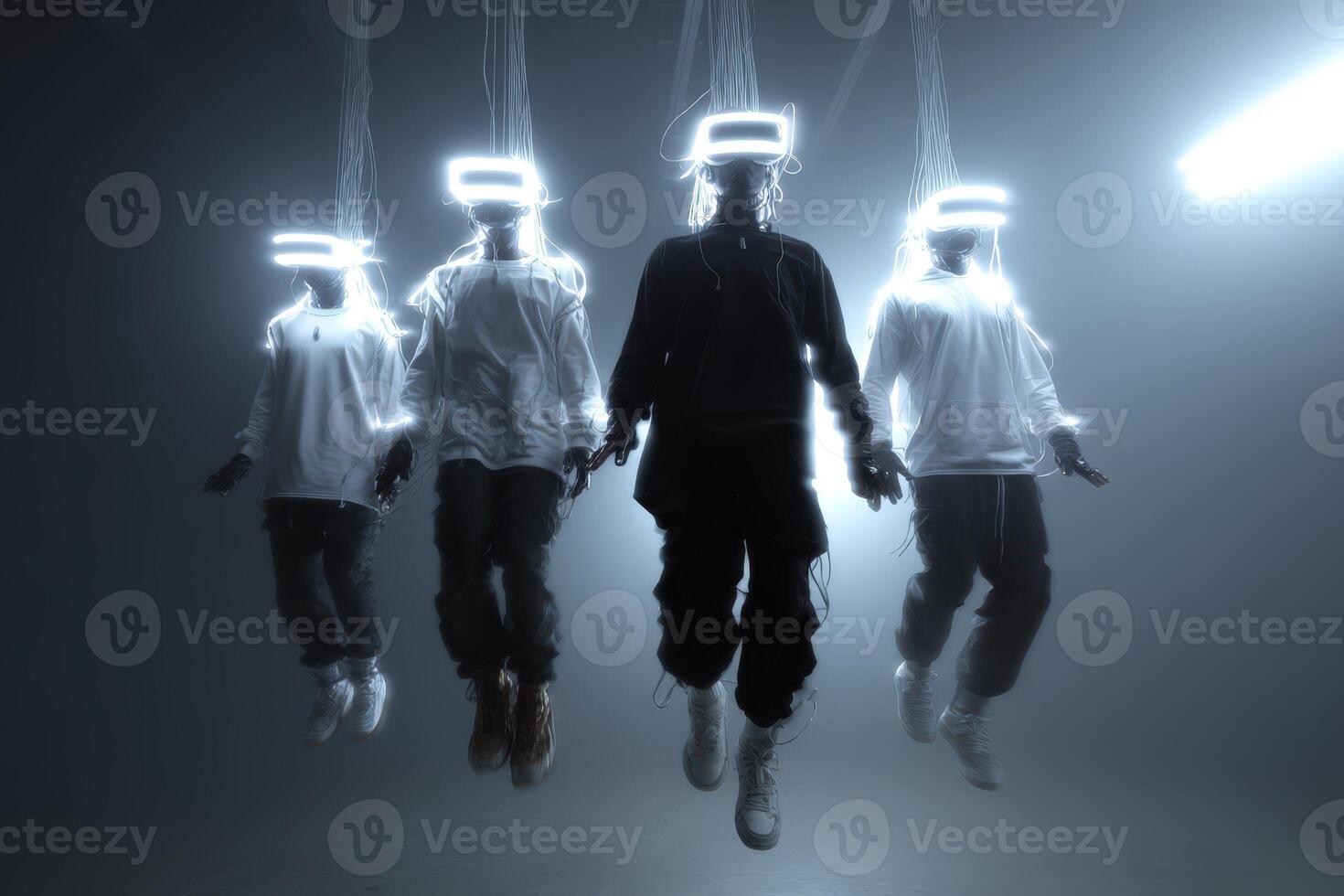 Humans suspended in mid-air wearing glowing headgear perform a captivating art display photo