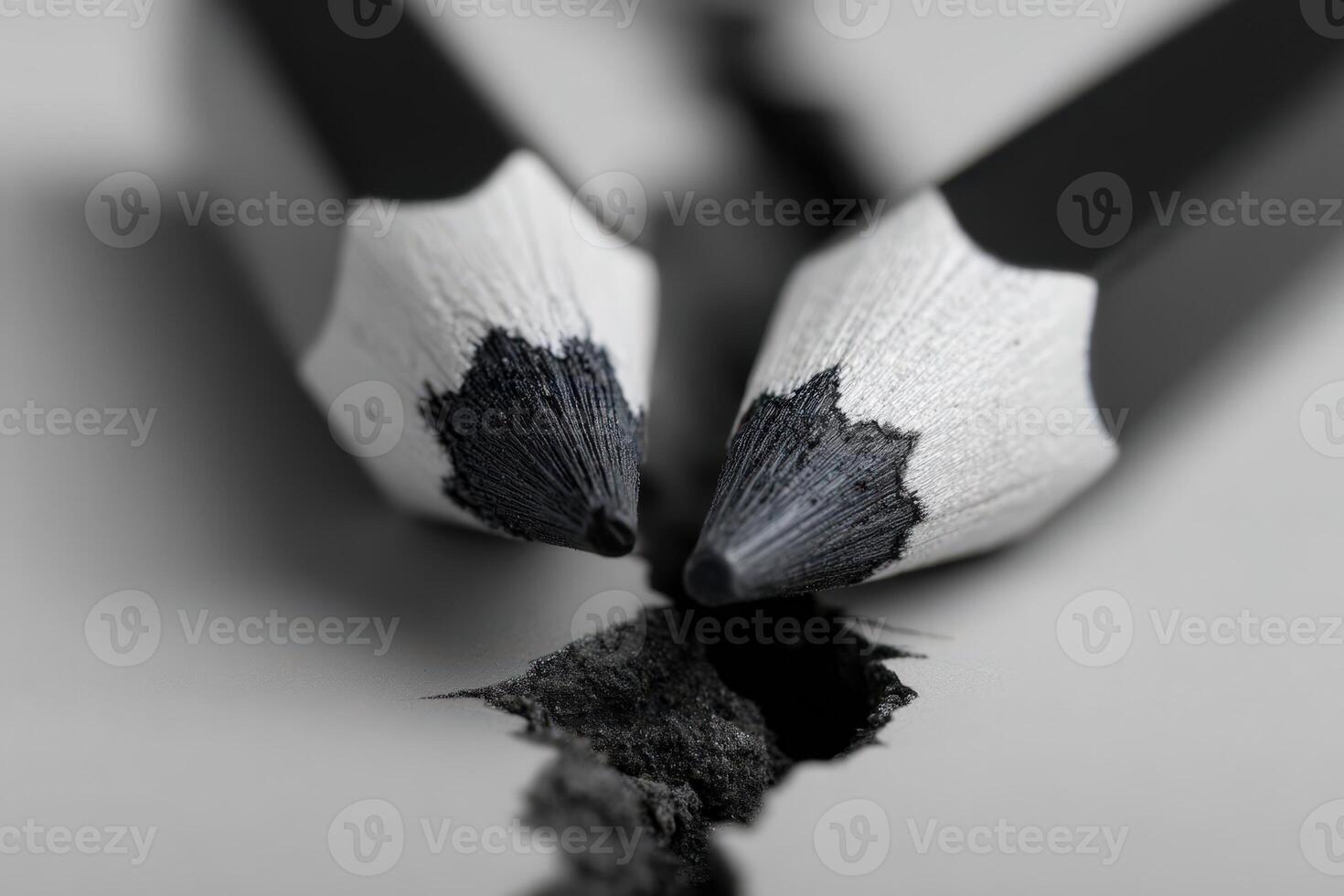 Broken pencil pieces separated on a smooth surface reflecting a moment of stillness photo