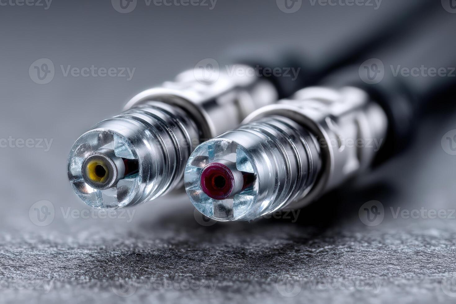 Macro view of illuminated LC fiber connectors showing detail and clarity for fiber optics applications photo