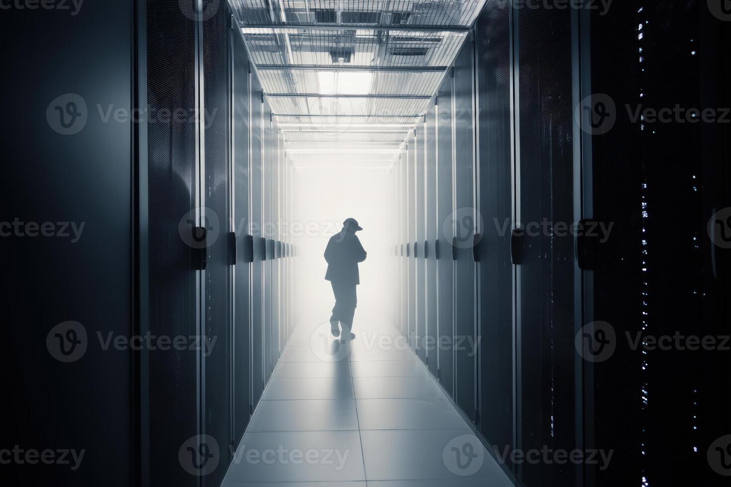Walking through a hot aisle in a data center during operational hours photo