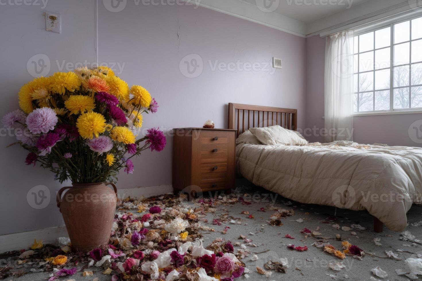 Interior space filled with fragrant memories from dried flowers resting on the floor and a cozy bed photo
