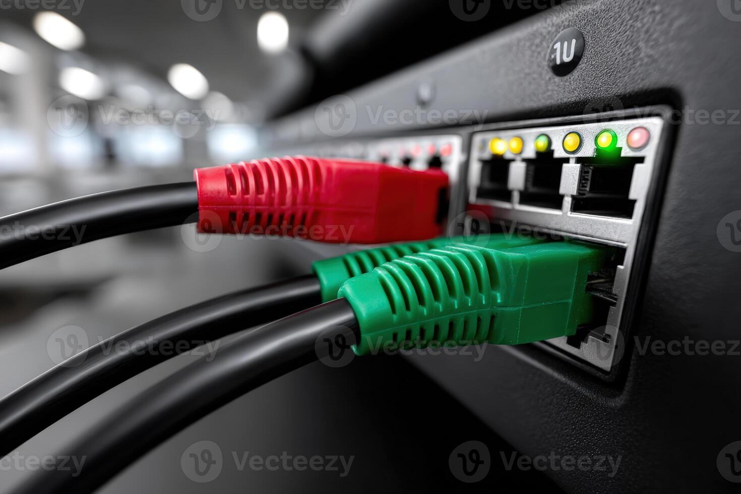 Patch cords connected to an Ethernet switch in a modern office environment photo