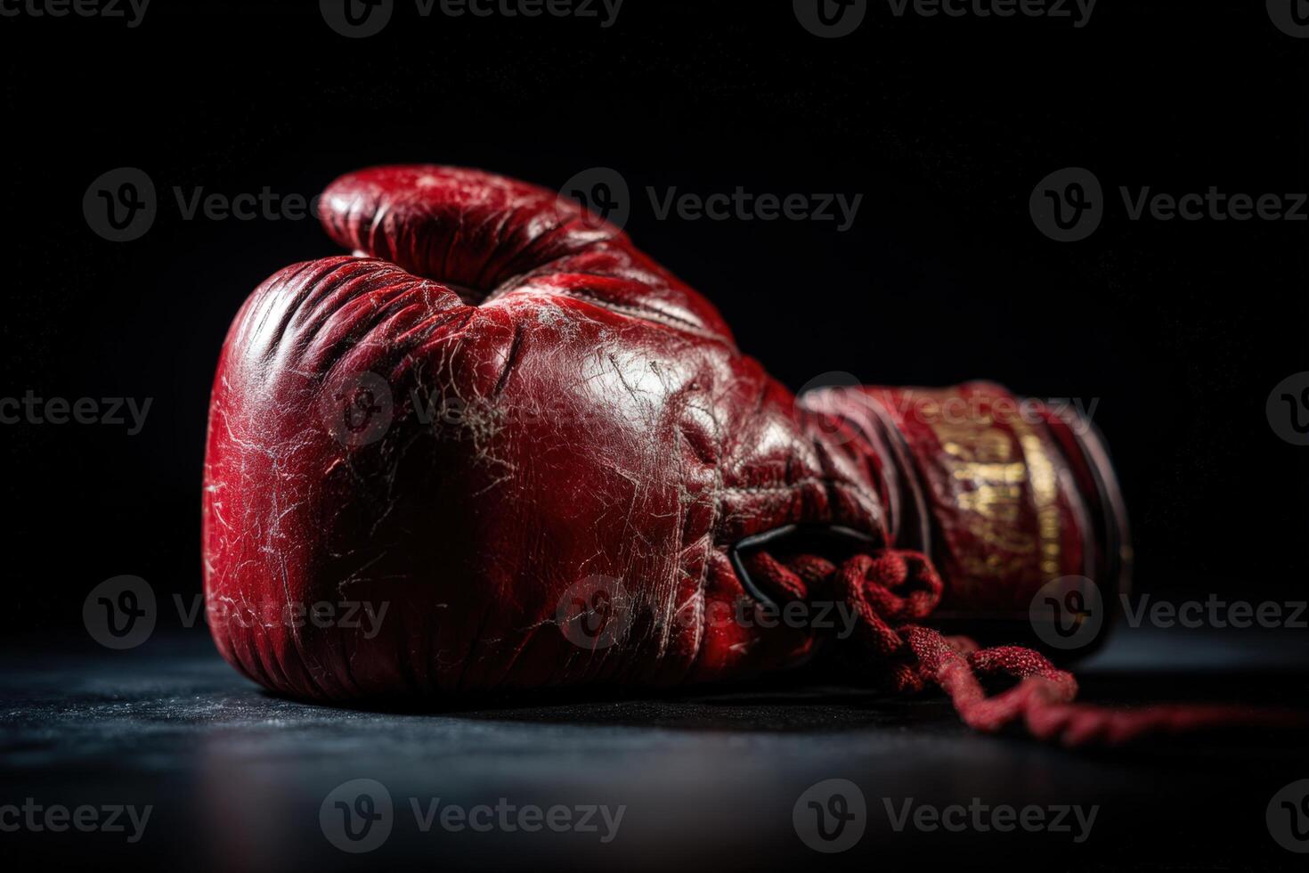 Boxing glove resting against a dark background with subtle texture and detail photo
