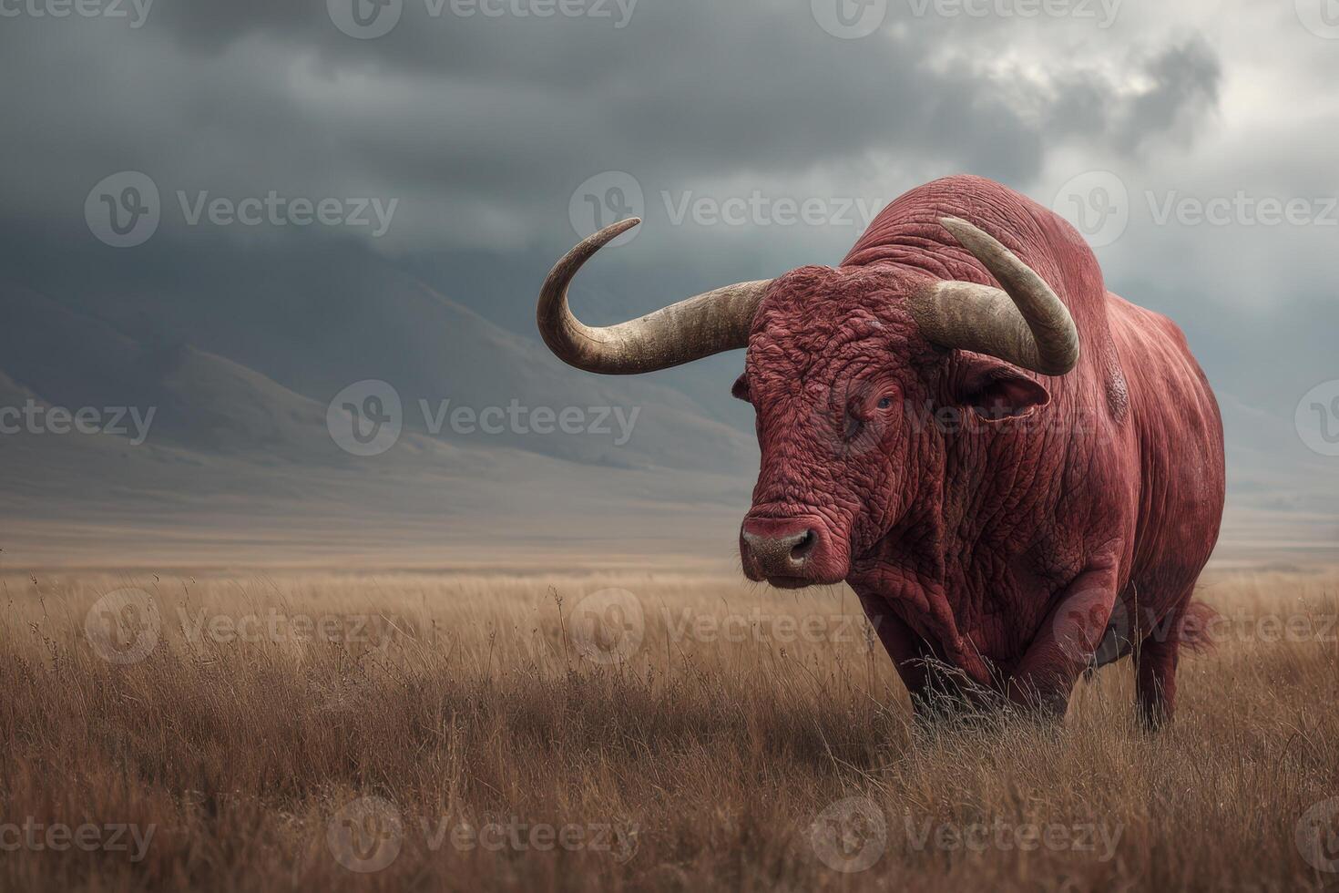 Strong red bull walks through grassy field under cloudy sky during the afternoon photo
