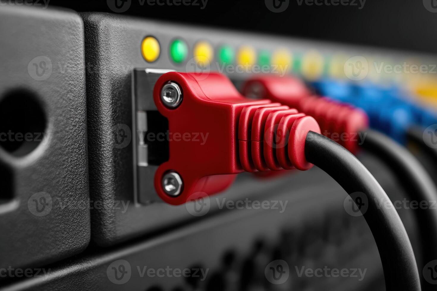 Detailed view of a horizontal rack-mounted power distribution unit with connected cables photo