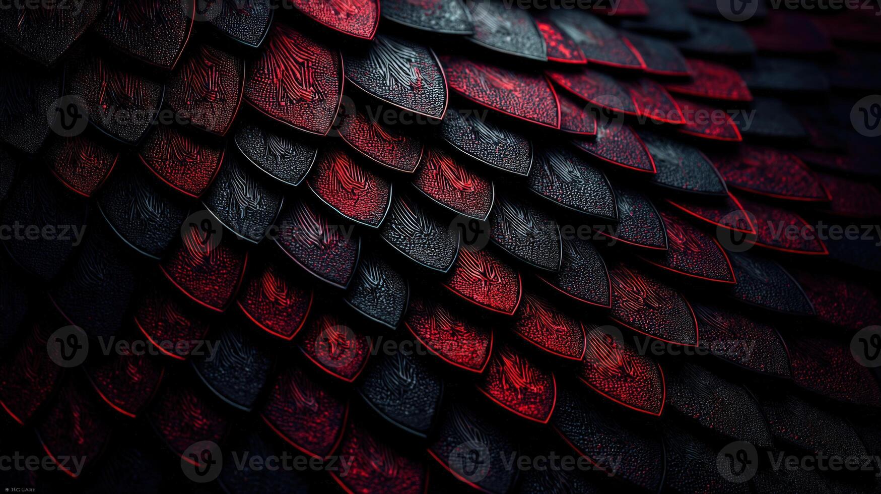 Chromatic dragon scales feature intricate patterns in deep red and black hues photo