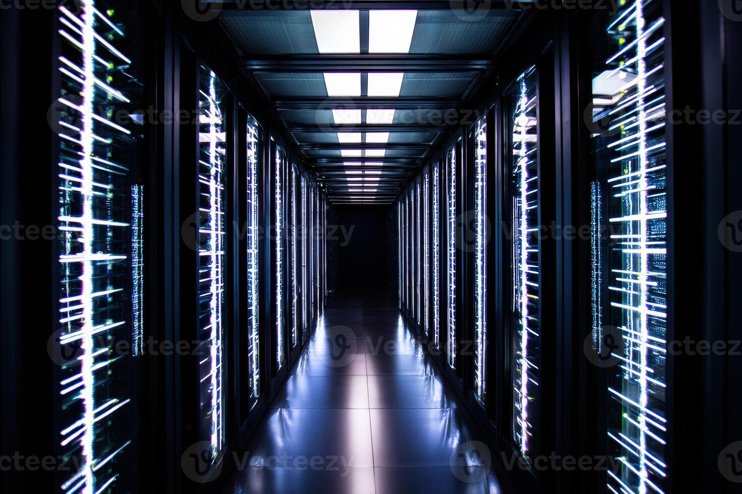 Illuminated corridor in a data center showcasing advanced technology at night photo