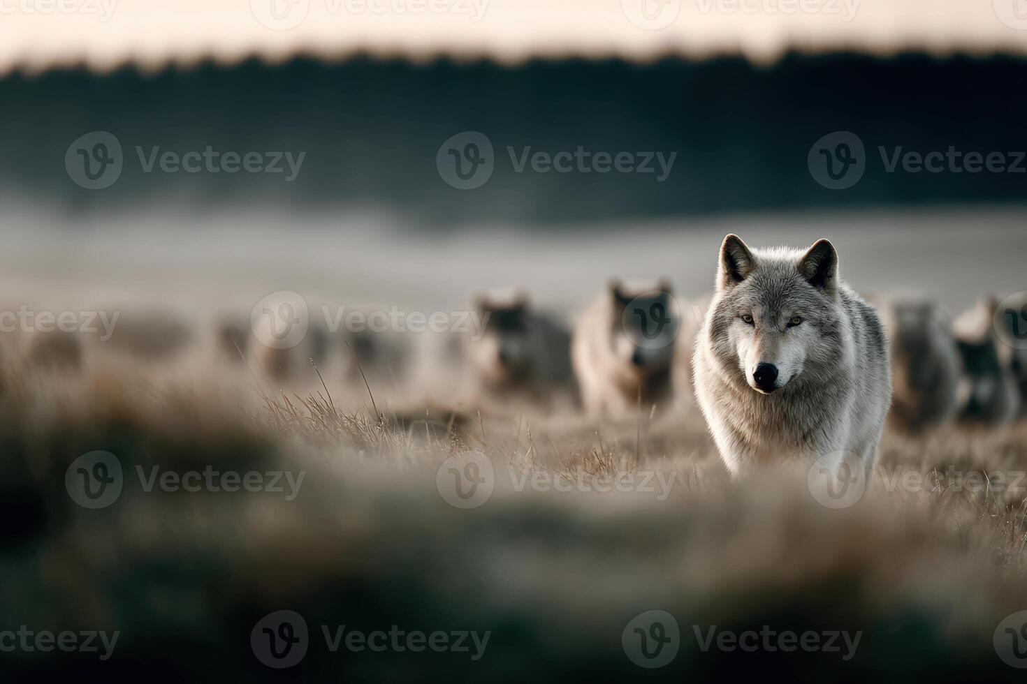 Wolves observing sheep grazing in a green pasture during golden hour photo