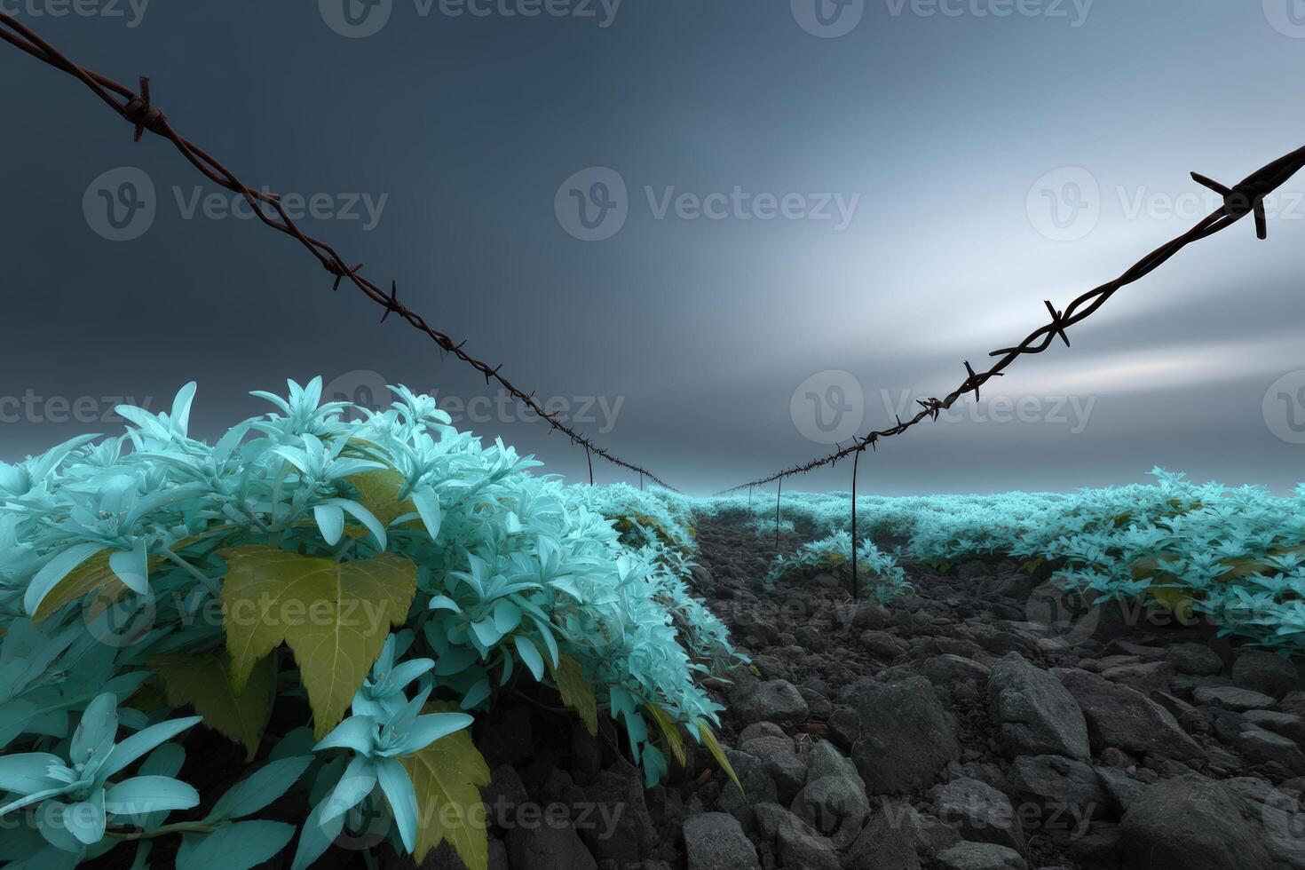 Garden of bioluminescent plants with unique silver soil under a twilight sky photo