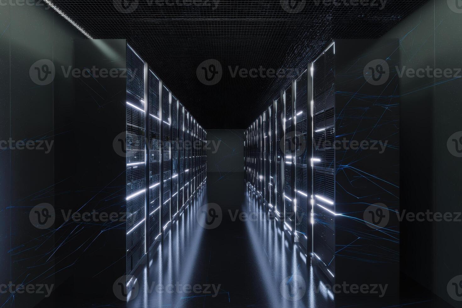 Illuminated dark aisle in a modern data center showcasing server architecture and technology photo