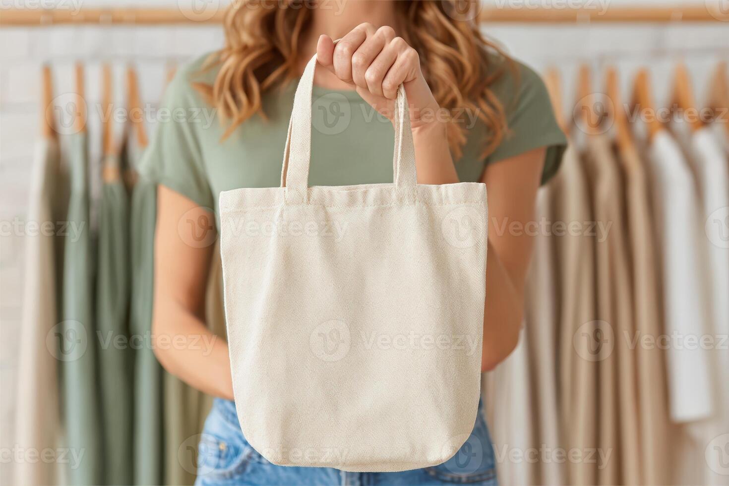 Blank white tote bag is held by a person in a clothing store during daylight photo