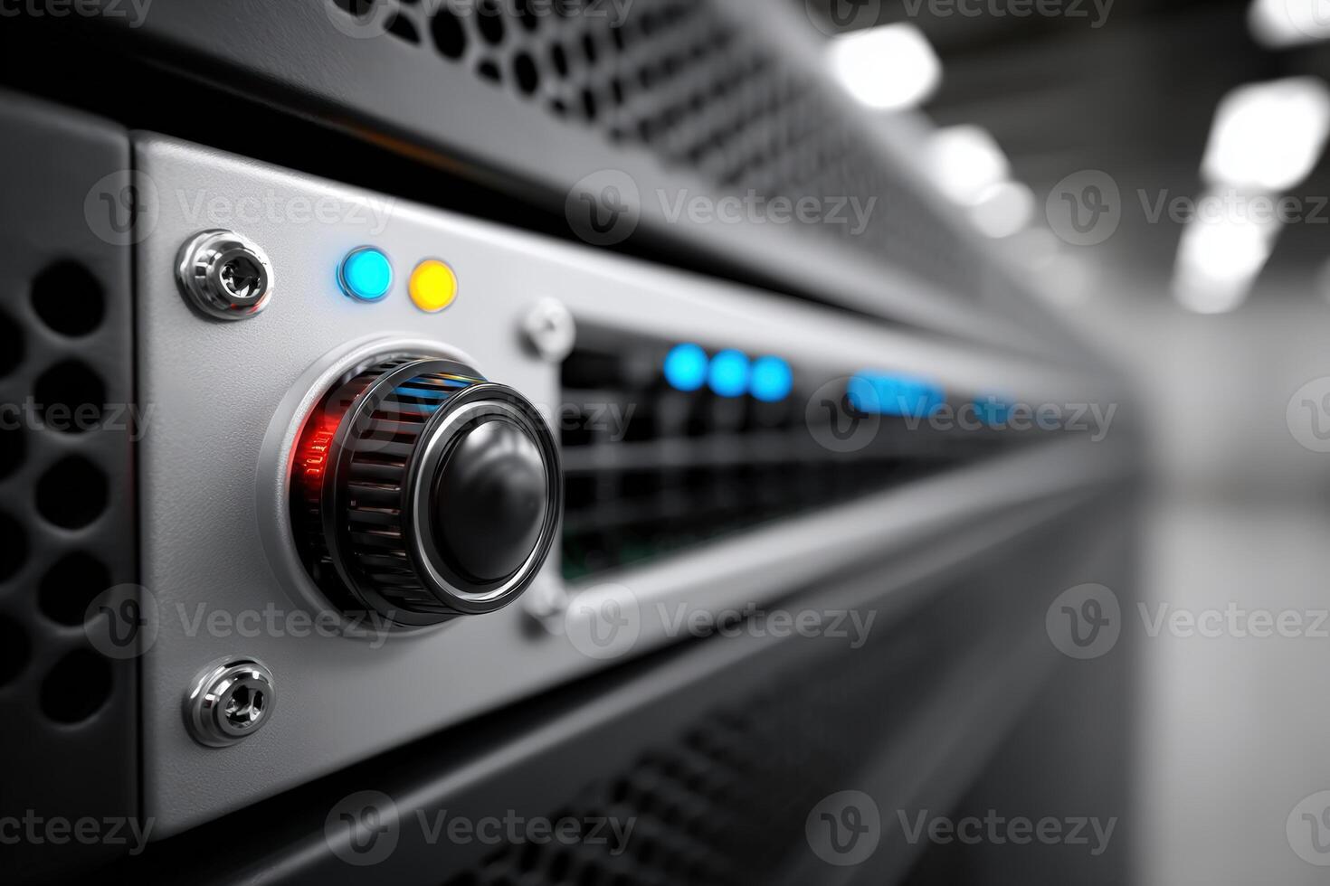 View of a fully equipped data center rack with active indicators and controls photo