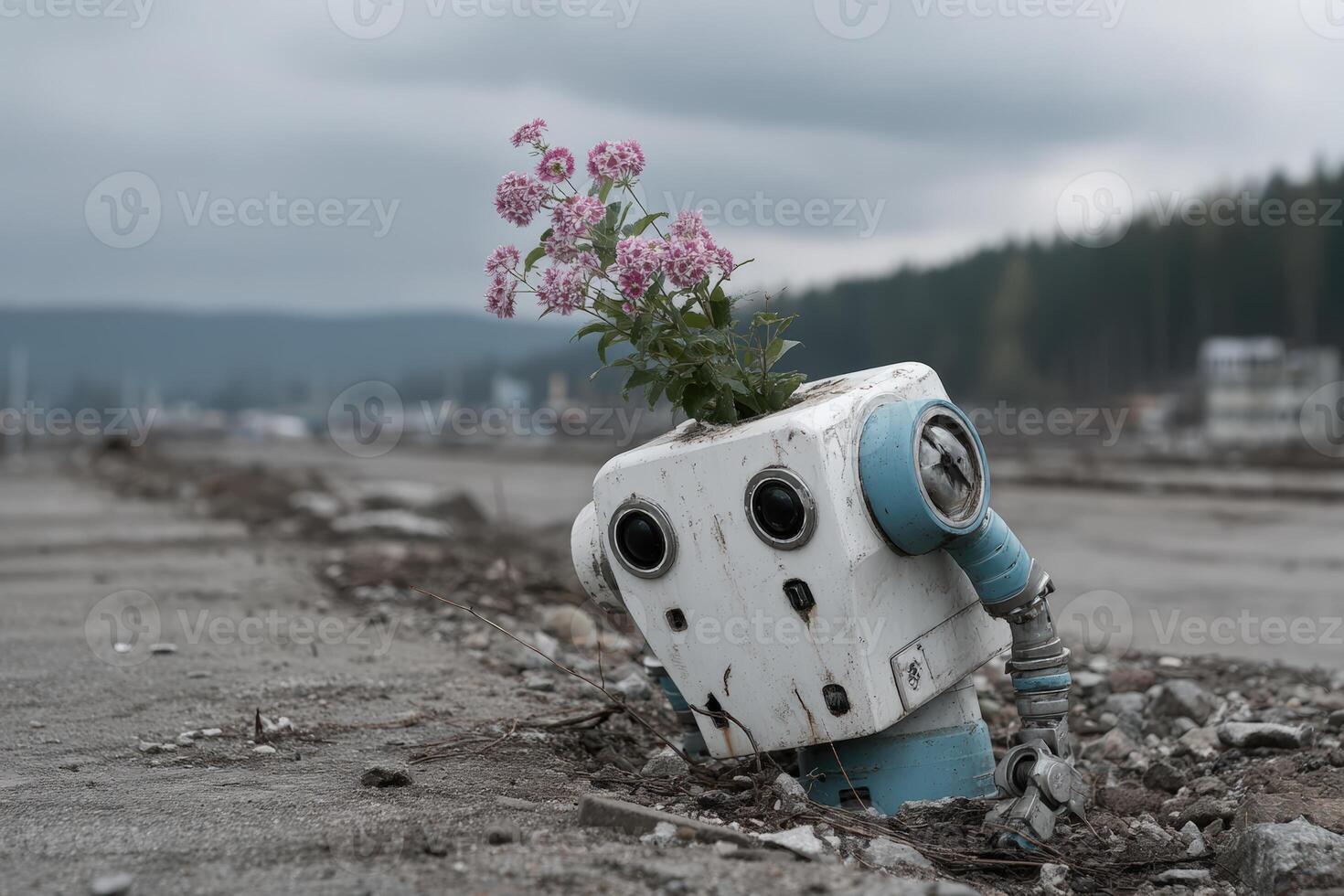 Watering flowers growing unexpectedly on a crumbled highway in a desolate landscape photo