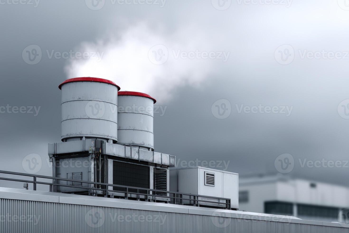Cooling unit operates on rooftop of data facility under overcast sky photo