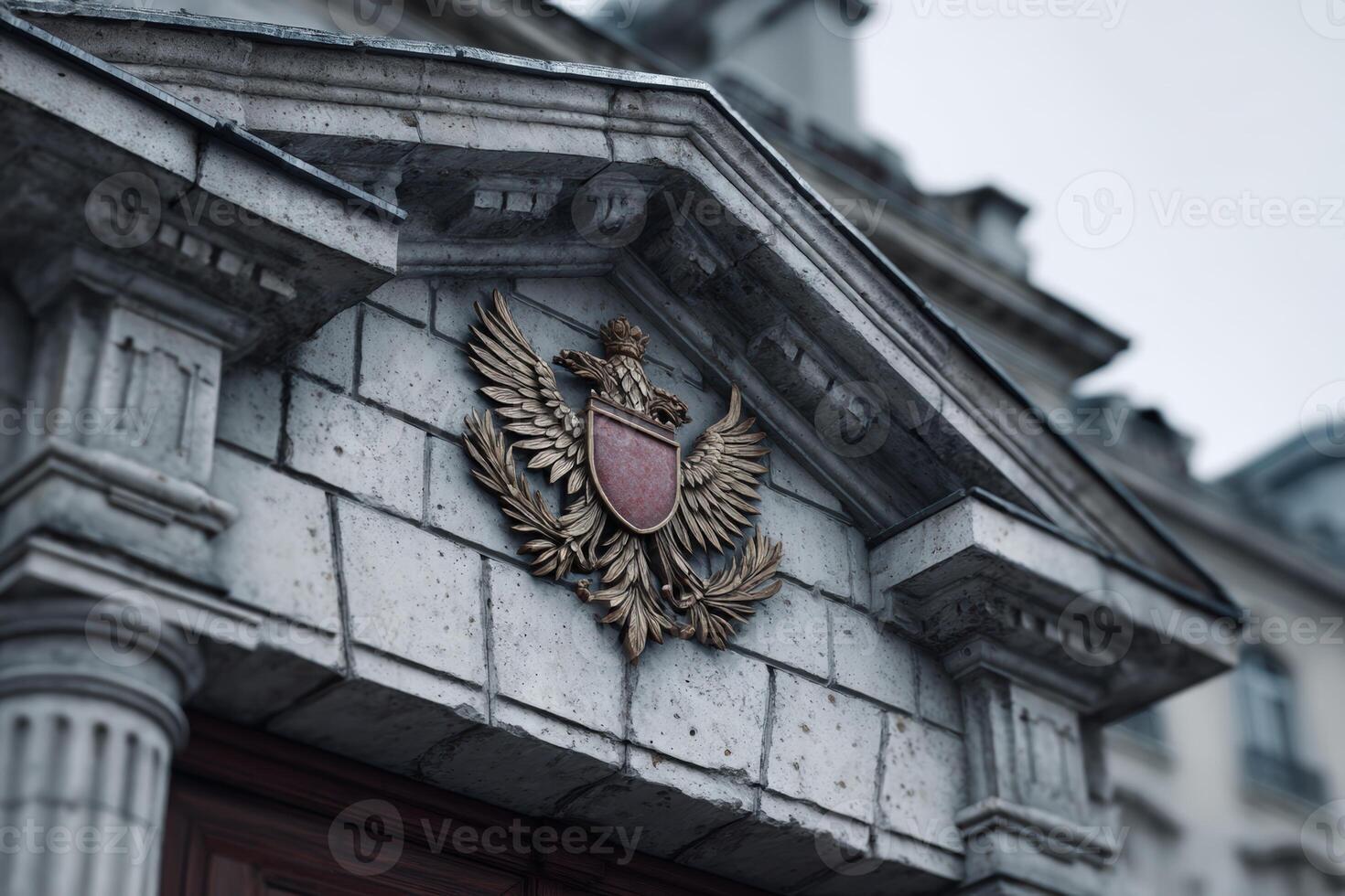 Majestic building facade featuring detailed architectural emblem from a faded yearbook cover photo