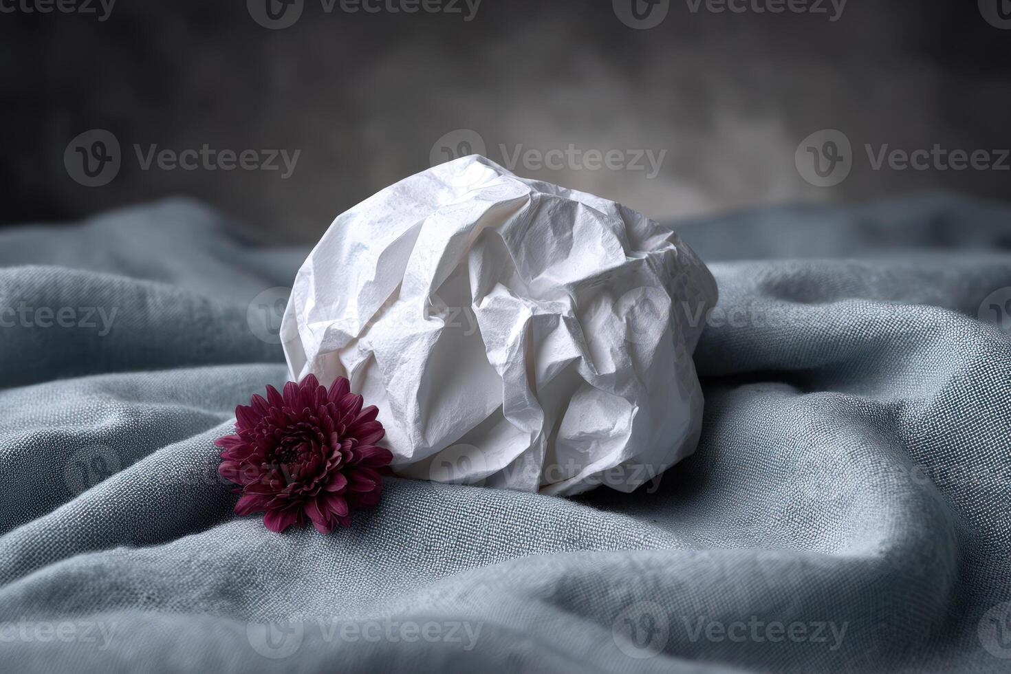 Crumpled napkin and flower on textured fabric background create an artistic arrangement photo