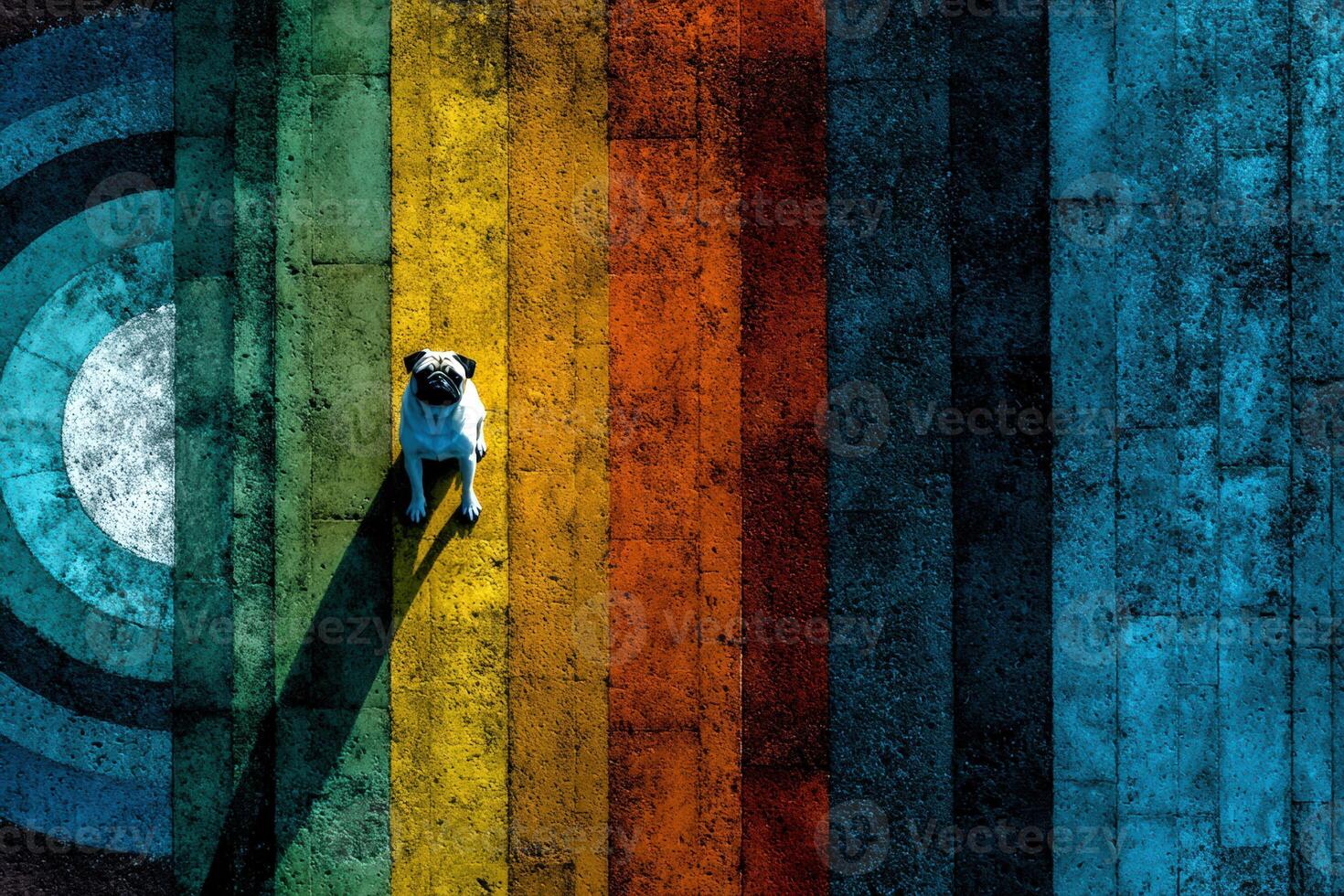 Drone view of a pug on colorful patterned surface in a vibrant outdoor setting photo